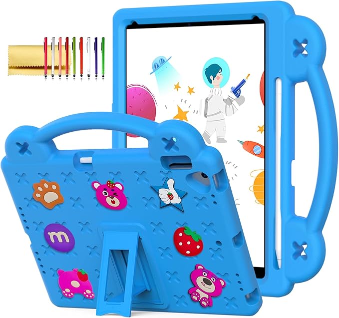 Dteck for iPad 9th/8th/7th Generation 10.2 Kids CaseStrawberry Panda Shockproof Rugged Lightweight Convertible Handles Stand Pencil Holder Kids Friendly Case for iPad 10.2 2021/2020/2019Sky Blue