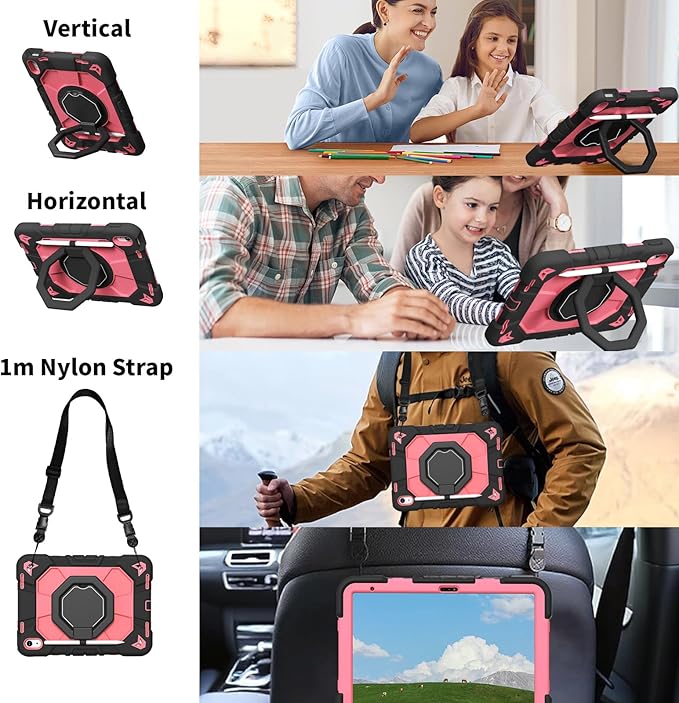 JKSML Case for iPad (A16) 11th Generation 11 Inch 2025 / iPad 10th Gen 10.9 Inch 2022 Military Grade Protection Cover with 360° Rotating Kickstand &amp Pencil Holder &amp Shoulder Strap (Black Rose