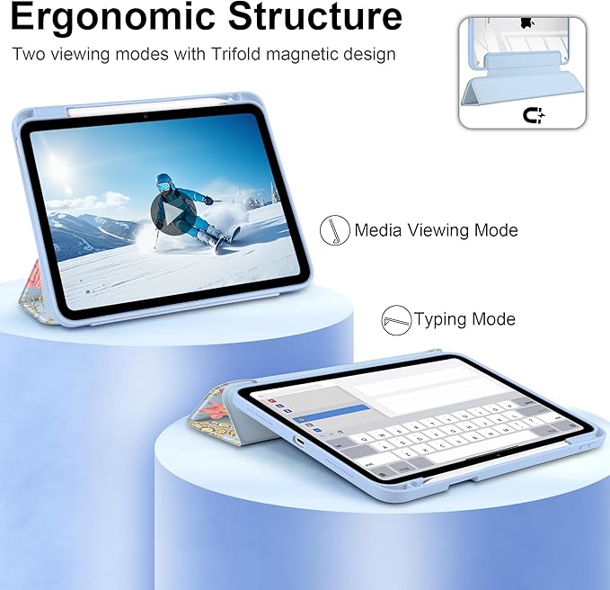 DONGKE Case for iPad (A16) 11th Generation 11 inch 2025 &amp iPad 10th Gen 10.9 inch 2022 [Built-in Pencil Holder] Clear Acrylic Back Trifold Stand Smart Cover Auto Sleep/Wake Blue Botanical Flora