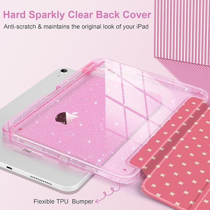 DONGKE for iPad Pro 11 inch Case – Fits M5 2025 / M4 2024 Shockproof Sparkling Glitter Acrylic Back Pencil Holder Trifold Stand Auto Sleep/Wake &amp Touch ID Support - Dark Pink Cross Dot