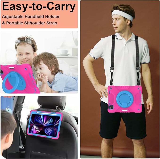 Case for iPad Pro 11 Inch 4th 2022/3rd 2021/2nd 2020/1st Gen 2018 iPad Air 10.9 Inch 2022/2020 5th/4th Generation Case with Pencil Holder/360° Rotating Handle Stand Pink+Blue