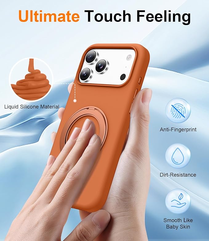 STERKER 360° Rotatable Stand Compatible with iPhone 17 Pro Case with Magnetic [Military Grade Drop Tested][Adjustable Kickstand] Ring Holder Silicone Slim Back Soft Edge Orange