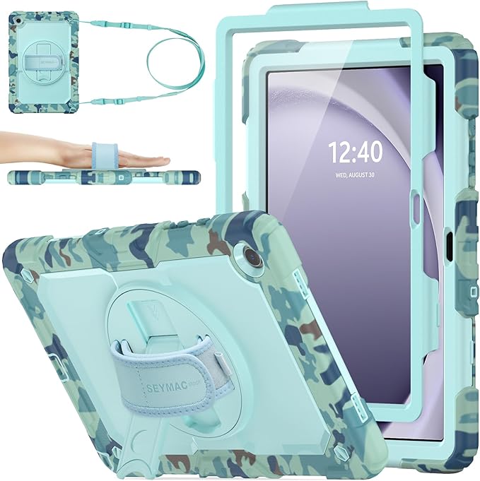 SEYMAC stock Case for Samsung Galaxy Tab A9+ Plus 11'' Full-Body Drop Protection Case with Screen Protector Pencil Holder [360° Rotating Hand Strap] &ampStand SkyBlue Camo