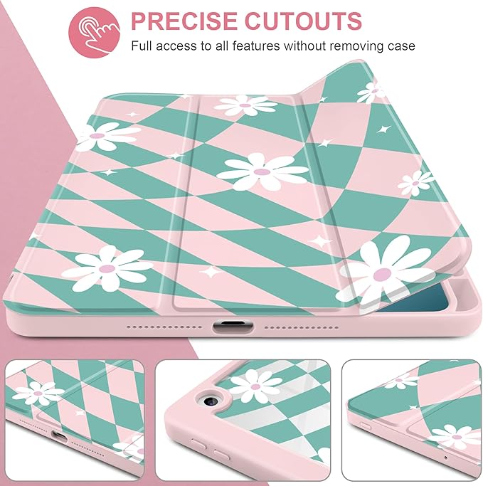 DONGKE for iPad 9th/8th/7th Generation Case 10.2 Inch (2021/2020/2019) [Auto Sleep/Wake &amp Pencil Holder] Clear Acrylic Back Trifold Stand Cover Checkered &amp Daisy
