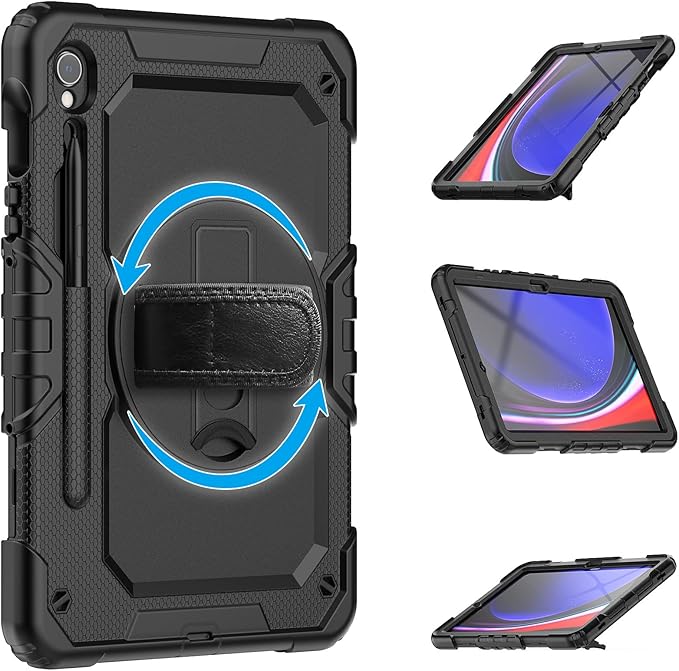 Case for Samsung Galaxy Tab S10+ / S9 FE+ Plus / S9+ Plus 12.4 Inch with Screen Protector Hand Strap Shoulder Strap 360 Rotating Stand and Pen Holder - Black
