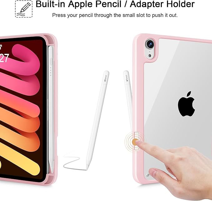 May Chen Slim Case for iPad mini 7 (A17 Pro 7th Generation) 2024 / iPad mini 6 (6th Gen) 8.3 Inch [Built-in Pencil Holder] Shockproof Cover Clear Clear Back Shell Auto Wake/Sleep Pink Stripes