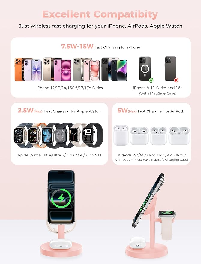 2026 3 in 1 Wireless Charging Station Compatible with MagSafe 15W Fast Magnetic Mag-Safe Charger Stand for Apple iPhone 17 16 15 14 13 12 iWatch AirPods Pro 4 3 2 Pink