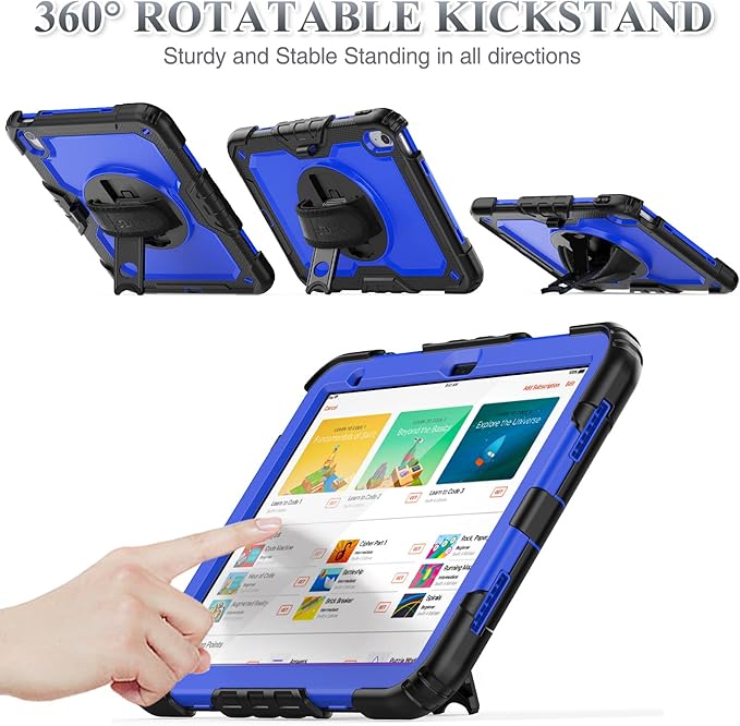 SEYMAC stock Case for iPad (A16) 11th/10th Generation 11''/10.9'' 2025/2022 Full-Body Drop Protection Case with Screen Protector &amp360° Rotate Hand Strap/Stand Blue+Black