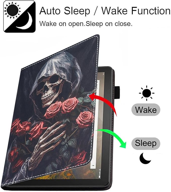Case for All-New Amazon Fire HD 10 &amp 10 Plus Tablet 10.1 (13th/11th Generation 2023/2021 Release) Slim PU Leather Stand Cover with Card Slot &amp Auto Wake/Sleep - Skull Roses