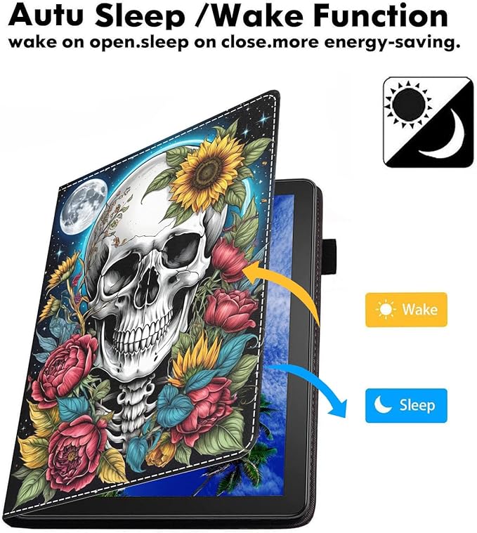 Case for Amazon Fire HD 10/HD 10 Plus Tablet 10.1 (13th/11th Generation 2023/2021 Release) Slim PU Leather Cover with Card Slot &amp Auto Wake/Sleep Skull Flower