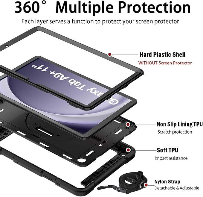 BMOUO for Samsung Galaxy Tab A9+ Plus Case 11 2023 (SM-X210/X216/X218) Shockproof Galaxy Tab A9 Plus Case with Rotating Stand and Hand/Shoulder Strap Black