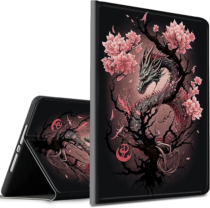 Case for Amazon Kinlde Fire HD 10 Tablet Case (9th/7th/5th Generation 2019/2017/2015 Release) Slim Premium PU Leather Smart Folio Stand Cover with Auto Wake SleepCherry Blossom Dragon