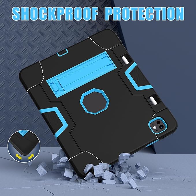 Tablet Case for iPad Pro 13 Inch M4 (2024 Model 7th Generation) with Kickstand Heavy Duty Hard PC Soft Silicone Accessories Protective Case for iPad Pro 13” A2925 A2926 A3007Black/Blue