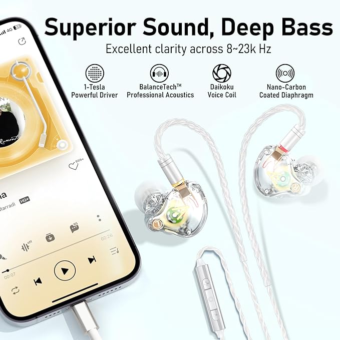 Vibes 202ML Wired Earbuds - HiFi in Ear Headphones for iPhone 5–14 Noise Isolating Ear Buds w/ Mic - Clear Sound Deep Bass Comfort-Fit Earphones - MMCX–LTN Silver Plated Cord Carrying Case