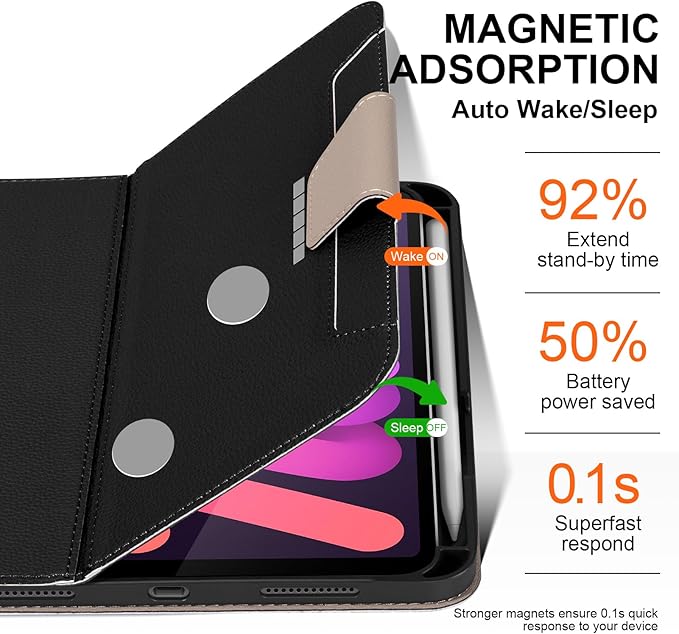 for iPad mini 7 (A17 Pro) 2024 iPad mini 6th Generation 2021 with Pencil HolderSmart Leather Cover with Buckle Protective Auto Wake/Sleep Adjustable Stand Multiple View Angles Black