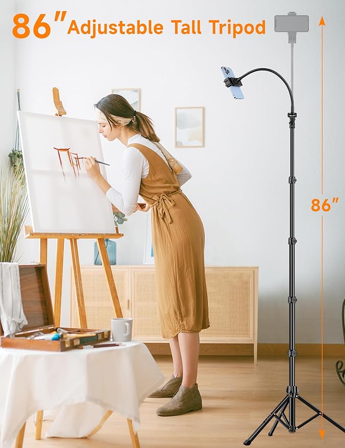 Phone Tripod 86 Tall Tripod for iPhone with Flexible Gooseneck &amp Remote Portable Aluminum Cellphone Stand for Selfies Video RecordingTravel Compatible with iPhone Android