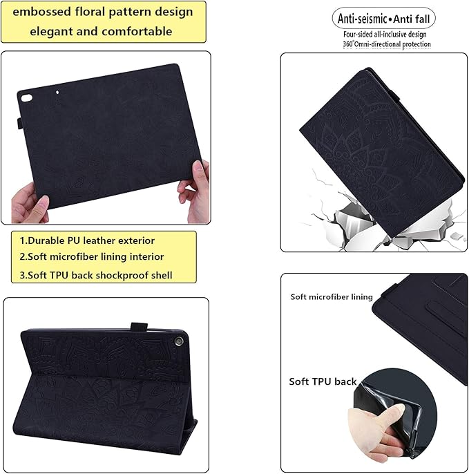 Fire HD 10 Case 9th/7th Generation (2019/2017) 10.1 with Pencil Holder Elastic Band Pocket Multi-Angle Stand Magnetic Folio Wallet PU Leather TPU Shockproof Cover Black Paisley Flower