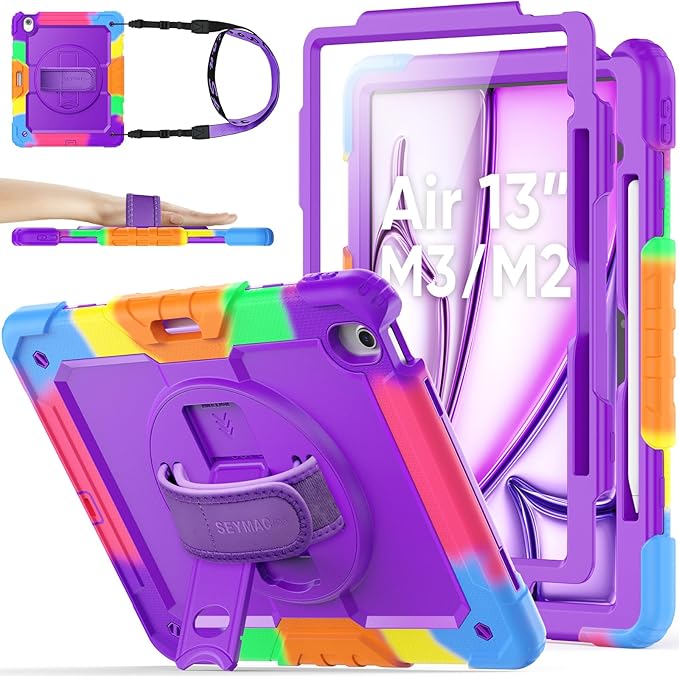 SEYMAC stock Case for iPad Air 13-inch M4-M2 2026-2024 (Gen 8-6) Shockproof Heavy Duty Case with Screen Protector Pencil Holder Rotating Stand Hand Strap Shoulder Strap Purple