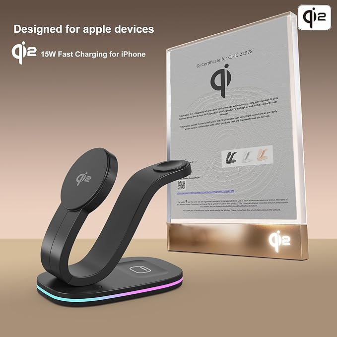 Wireless Charging Station Qi2 15W 3-in-1 Charger Station for iPhone 17/16/15/14/13/12 Series Watch Airpods 1-8/Ultra iPad AirPods