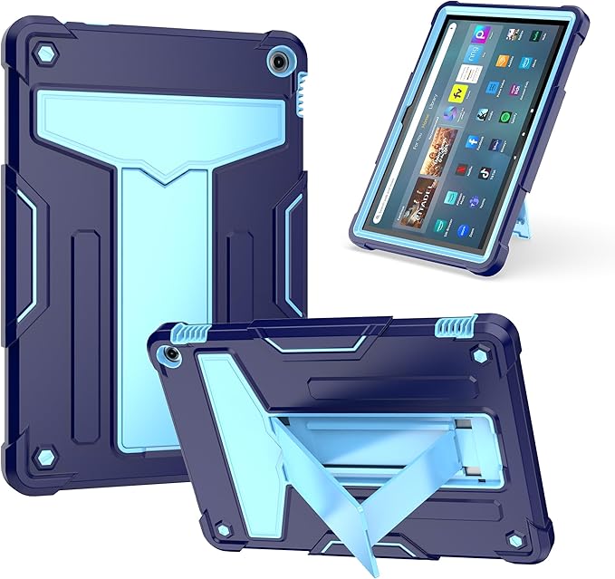Case for Amazon Fire HD 10 Tablet 10.1 Inch Display (13th Generation 2023 Released) - Heavy Duty Hybrid Kickstand Case Cover + 1 Screen Protector and 1 Random Stylus (Navy Blue/Blue)