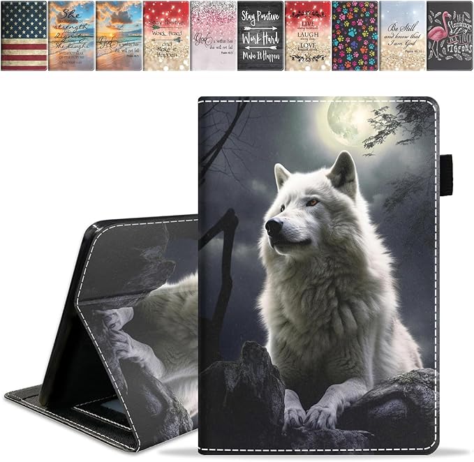 Case for Amazon Kindle Fire 7 Tablet (7 9th/7th Generation 2019/2017 Release) Slim PU Leather Cover with Card Slot &amp Auto Wake/Sleep White Wolf