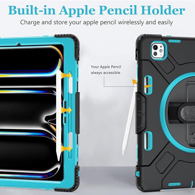 Case for iPad Pro 13 Inch M5 2025/ M4 2024: Military Grade Cover for iPad Pro 13 with Screen Protector - Stand - Handle - Shoulder Strap - Pencil Holder- Mint Green