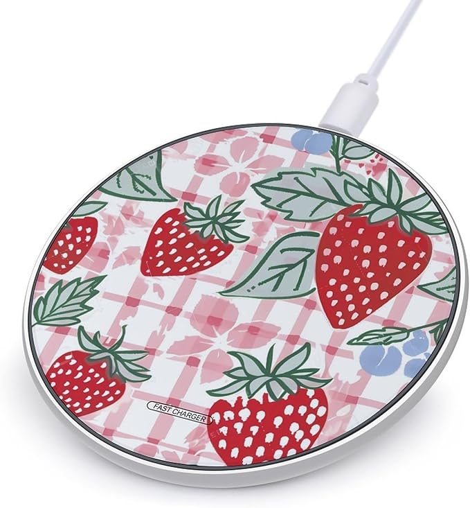 Strawberry Check Comic Style Phone Charger Magnetic Charging Pad Anti-Slip with USB Cable