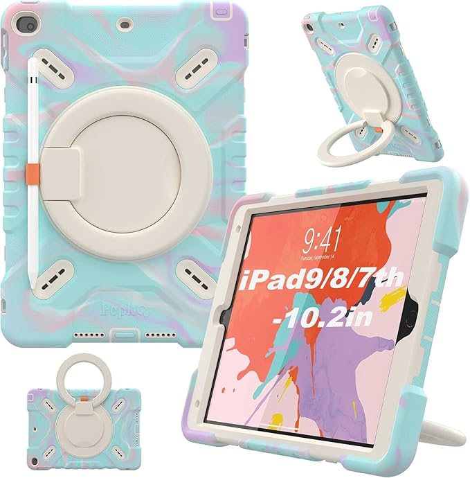 PEPKOO Triple Shockproof Case for iPad 9th/8th/7th Generation 10.2 inch 2021/2020/2019 Air 3rd Generation 10.5” Rugged Kid Cover with Pencil Holder/Handle Kickstand/Shoulder Strap Colorful Blue