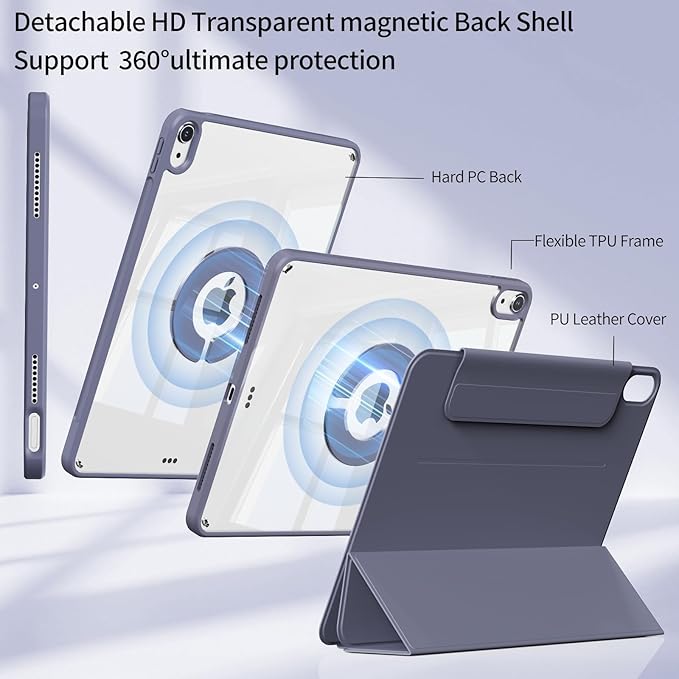 KENKE Magnetic Case for iPad A16 11th/10th Generation (11/10.9 Inch 2025/2022) with Pencil Holder Magnetic Detachable Hybrid Stand Clear Hard PC Back Shell Portrait/Landscape Angle Purple