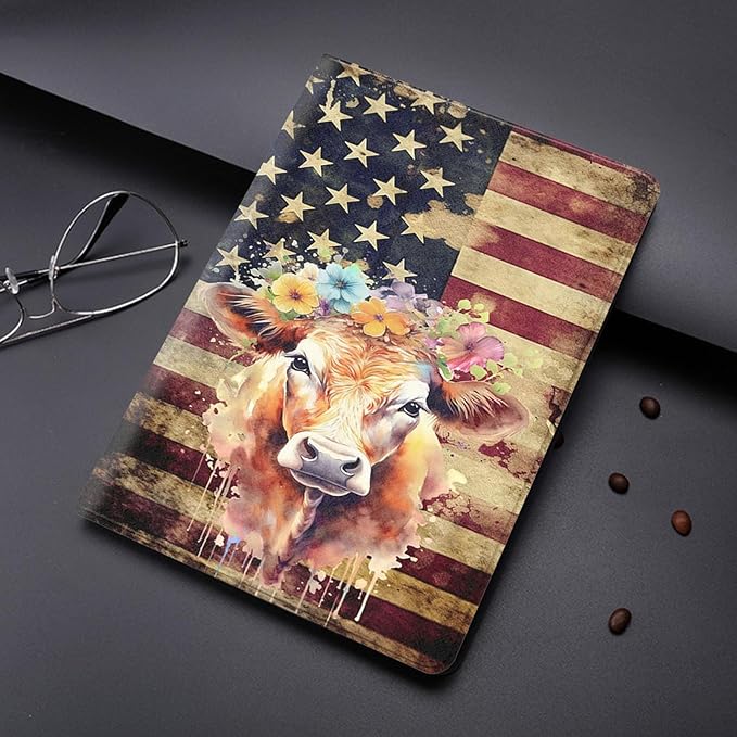 Case for iPad 10.2-Inch (2021/2020/2019 Model9/8/7 Generation)Adjustable Stand Auto Wake/Sleep Function Full Body Protection Cover - American Flag Cow