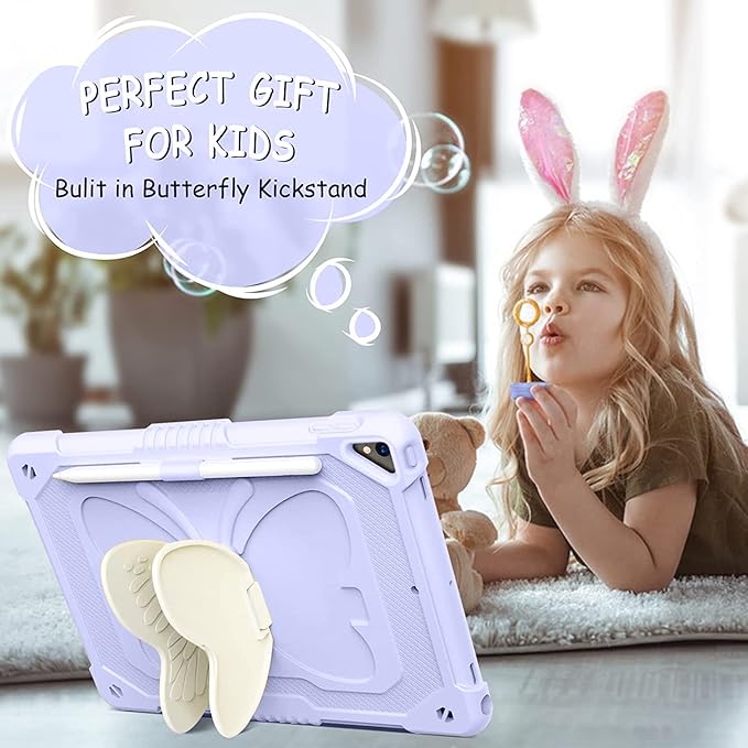 Ambison Case for iPad 9th/8th/7th Generation 10.2 inch with Glass Screen ProtectorRugged Shockproof Protective Cover for Kids Girls Butterfly StandShoulder Strap for iPad 2021/2020/2019-Purple