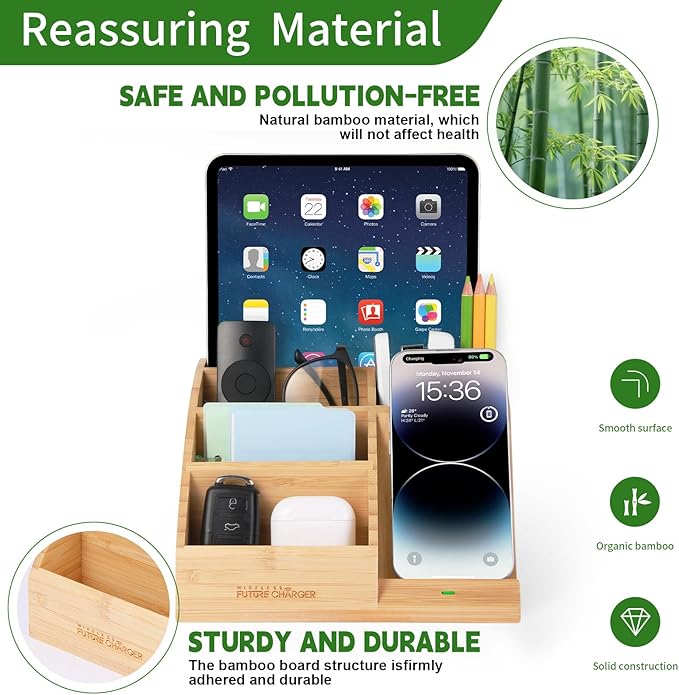 Bamboo Pen Holder for Desk &amp Nightstand Organizer with Fast Wireless Charging for iPhone Samsung &amp More – Office Desk Accessories for Men/Women (Natural)
