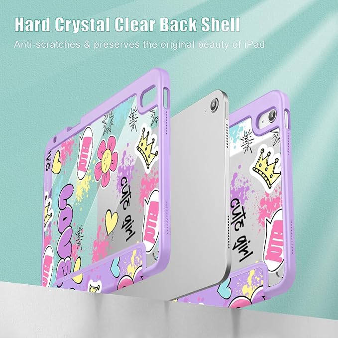 May Chen Case for iPad Air 13 Inch M4 2026 M3 2025 M2 2024 [Built-in Pencil Holder] Shockproof Cover with Clear Transparent Back Shell Auto Sleep/Wake Cover Cute Girl Pattern