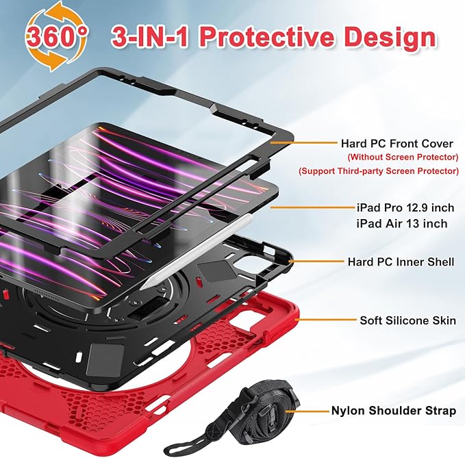 BRAECNstock Case for Apple iPad Air 13 inch (M4/M3/M2)/ iPad Pro 12.9 inch 6th/5th/4th/3rd Gen Shockproof Protective Case with Pencil Holder 360° Rotating Stand &amp Hand Strap Shoulder Strap Red