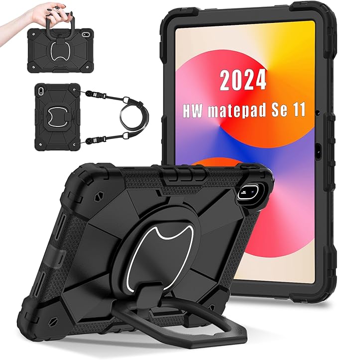 Shoulder Strap Tablet Case for Huawei MatePad SE 11 11.0 inch Heavy Duty Shockproof Protective Cover with Kickstand Handle Shoulder Strap for Kids Women Man Black
