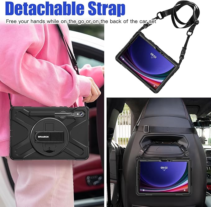 BRAECNstock for Samsung Galaxy Tab S10 Lite/ S10 FE/ S9 FE/ S9/ S8/ S7 5G Case 10.9/11 Shockproof Protective Case with Pencil Holder 360° Rotating Hand Strap &amp Stand Shoulder Strap Black