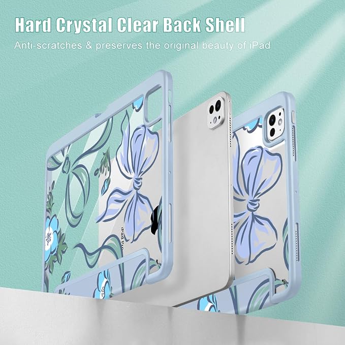 Mektron Case for M5/ M4 iPad Pro 11 inch 2025/2024 with Pencil Holder Compatible Models: A3357/A3358/A3359/A2836/A2837/A3006 Shockproof Cover Clear Shell Flowers-Bows-Blue