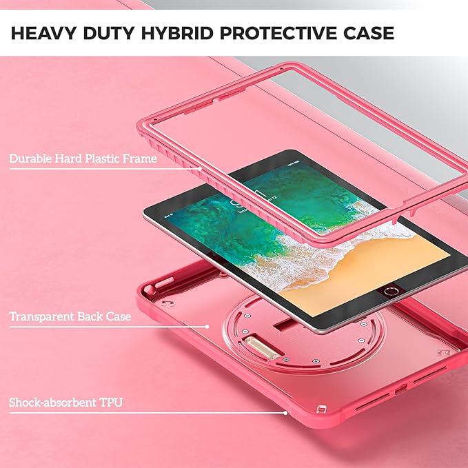ProCase Rugged Case for iPad 9.7 Inch 5th 6th Gen/iPad Air 2 / iPad Pro 9.7 Case Heavy Duty Shockproof Rugged Cover with Hand Strap 360 Degree Rotatable Kickstand Protective for iPad 9.7 -Melonpink