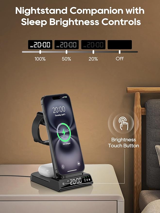 Wireless Charger for Apple Charging Station 3 in 1 Charging Station with Clock for iPhone 17/17 Pro/17 Pro Max/16/15 Series Watch Charger Stand for iWatch 10/9/8/AirPods (Adapter Included)