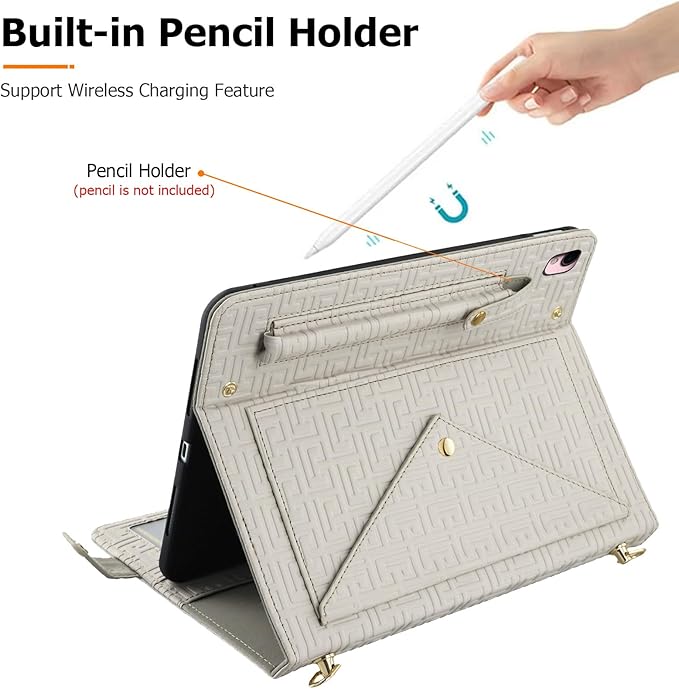 Dteck Handbag Case for iPad 9th/8th/7th Generation 2021/2020/2019 10.2 Inch with Pencil Holder Folio Stand PU Leather Crossbody Shoulder Hand Strap Card Pockets Magnetic Envelope Wallet CoverBeige