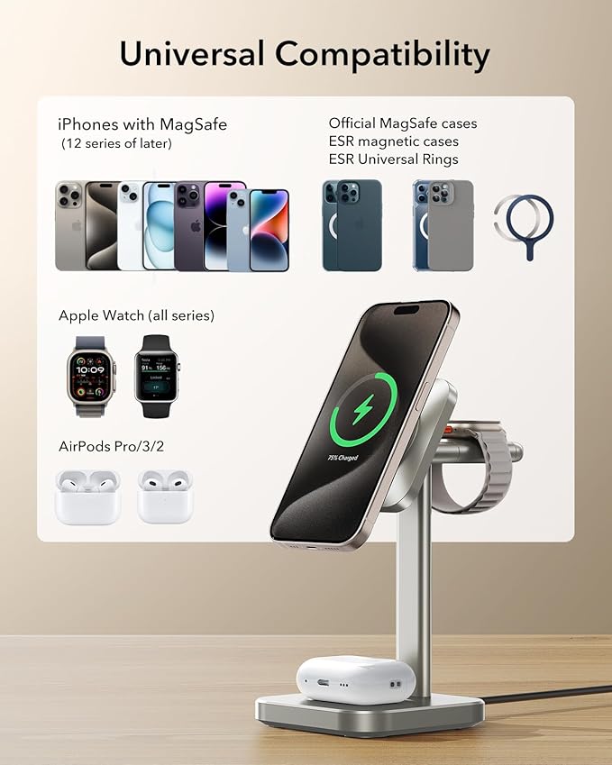 ESR for 3 in 1 Wireless Charging Station Certified Apple Watch Charger 15W MagSafe Charger Stand Wireless Charger for Multiple Devices iPhone 17/16/15/14/13 Watch AirPods Natural Titanium