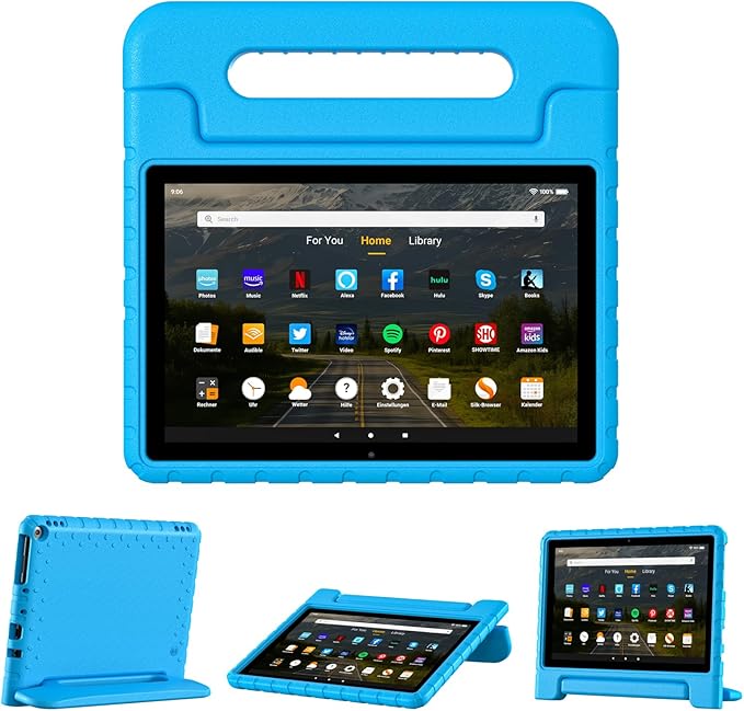 Kids Case for Kindle Fire HD 10 or 10 Plus 13th/11th Generation (2023/2021 Release) Shockproof Lightweight Protective Cover with Portable Handle Stand for Boys Girls Blue