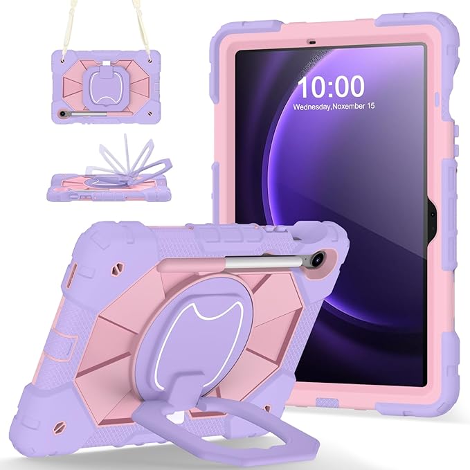 DreamerX for Samsung Galaxy Tab S10 Lite / S10 FE / S9 FE 10.9 Inch Case Samsung Tab S9 11 Inch Protective Cover Heavy Duty Shockproof Rugged Case with 360 Rotating Stand Shoulder Strap Purple Rose