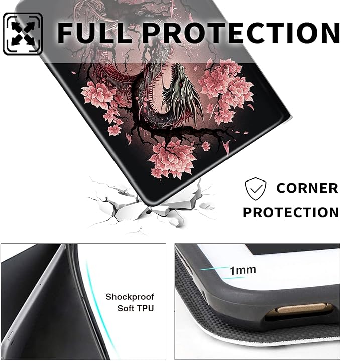 Case for Amazon Kinlde Fire HD 10 Tablet Case (9th/7th/5th Generation 2019/2017/2015 Release) Slim Premium PU Leather Smart Folio Stand Cover with Auto Wake SleepCherry Blossom Dragon