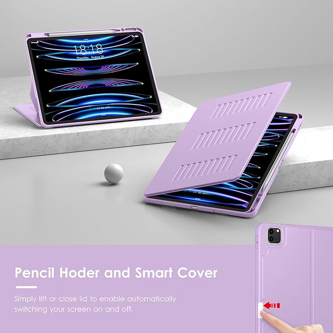 VIKESI Case for iPad Pro 12.9 6th / 5th / 4th / 3rd Generation Case 2022/2021/2020/2018Multiple Angles Magnetic Stand CoverShockproof Soft BackPencil Holderand Auto Sleep/WakeLilac