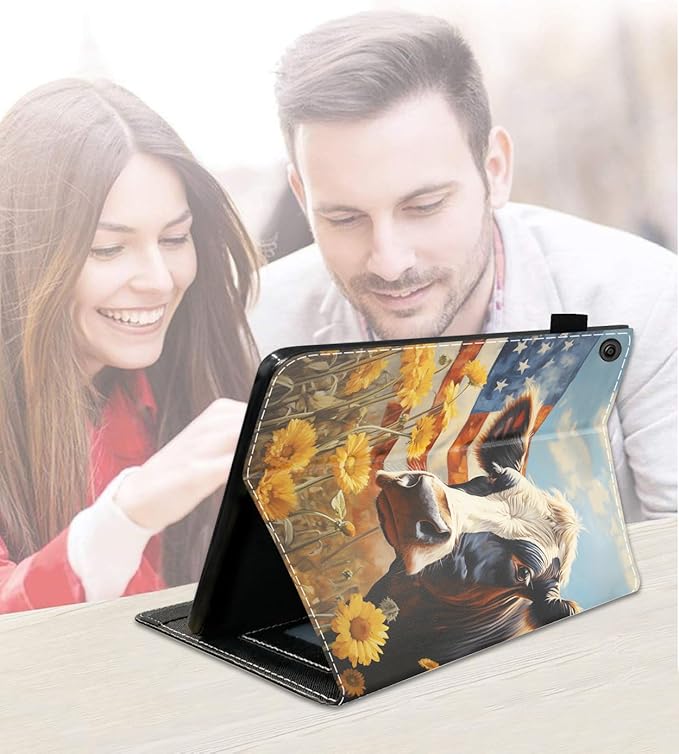 Case for Amazon Kindle Fire 7 Tablet (7 9th/7th Generation 2019/2017 Release) Slim PU Leather Cover with Card Slot &amp Auto Wake/Sleep American Flag Cow and Sunflower