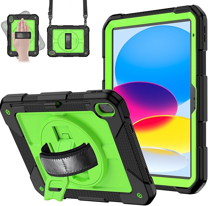 MENZO Case for iPad A16 11th Generation 11 Inch 2025 iPad 10th Gen 2022 10.9 inch 360° Rotating Stand Built-in Pencil Holder Convenient Hand and Shoulder Strap Durable Shockproof Black+Green