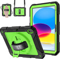 MENZO Case for iPad A16 11th Generation 11 Inch 2025 iPad 10th Gen 2022 10.9 inch 360° Rotating Stand Built-in Pencil Holder Convenient Hand and Shoulder Strap Durable Shockproof Black+Green