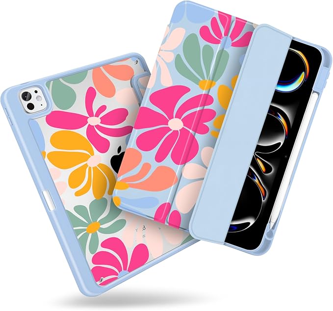 MecBevia Case for iPad Pro 11 inch M5 2025 / M4 2024 (6th/5th Gen) A3357 A3358 A3359 A2836 A2837 A3006 – Built-in Pencil Holder &amp Auto Wake/Sleep ColorfulFlowers