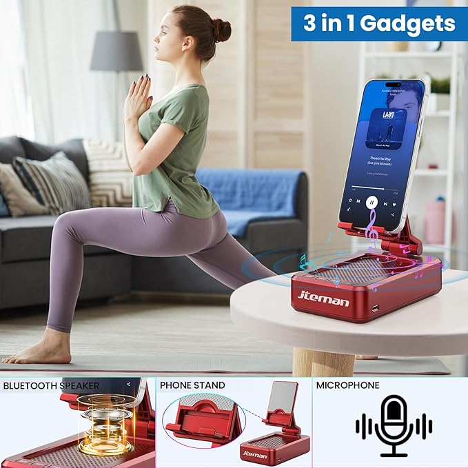 JTEMAN Portable Phone Stand with Speaker Bluetooth WirelessGifts for Men WomenBirthday for WomenKitchen Gadgets for MenPhone Holder for Desk - Red